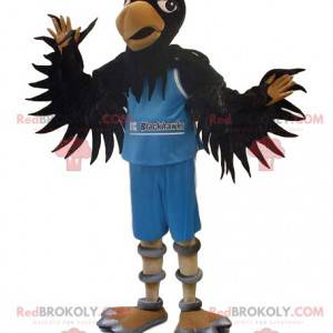 Mascotte d'aigle noir en tenue de supporter bleue -