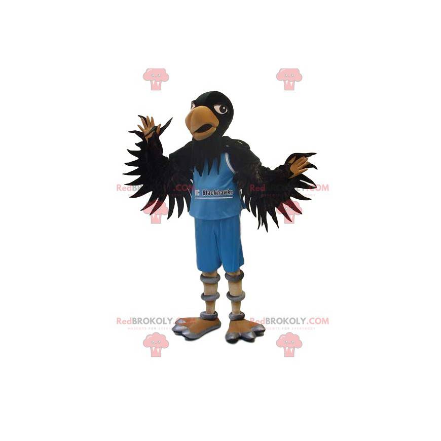 Mascotte d'aigle noir en tenue de supporter bleue -