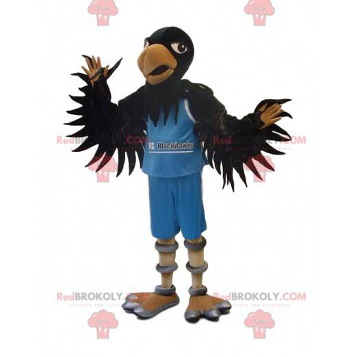 Mascotte zwarte adelaar in blauwe supportersuitrusting -