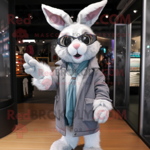 Silver Rabbit mascot costume character dressed with a Jacket and Scarves