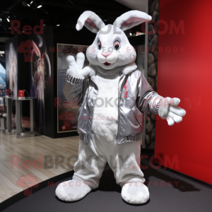Silver Rabbit mascot costume character dressed with a Jacket and Scarves