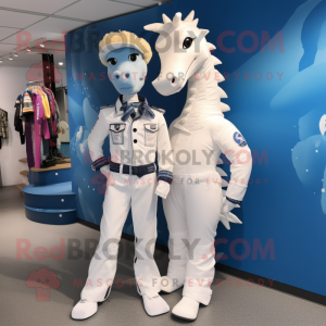 White Sea Horse mascot costume character dressed with a Boyfriend Jeans and Belts