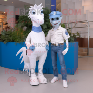 White Sea Horse mascot costume character dressed with a Boyfriend Jeans and Belts