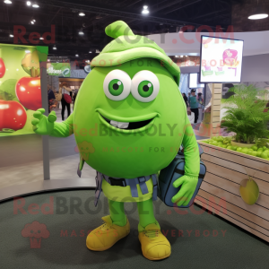 Lime Green Tomato mascot costume character dressed with a Polo Shirt and Backpacks