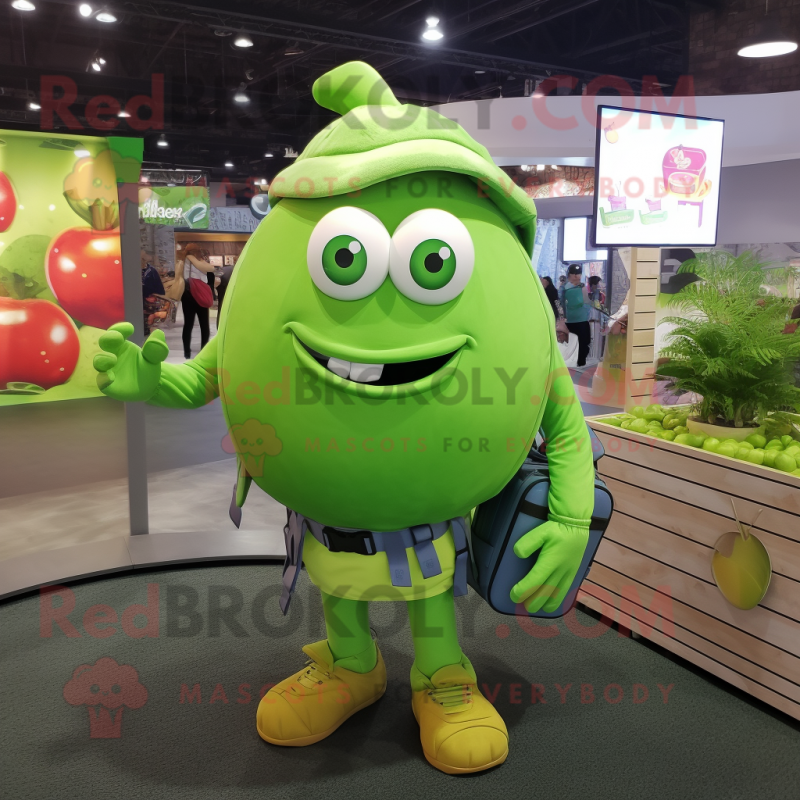 Lime Green Tomato mascot costume character dressed with a Polo Shirt and Backpacks Lime Green Tomato mascot costume character dressed with a Polo Shirt and Backpacks