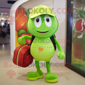 Lime Green Tomato mascot costume character dressed with a Polo Shirt and Backpacks