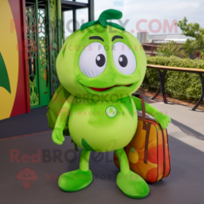 Lime Green Tomato mascot costume character dressed with a Polo Shirt and Backpacks