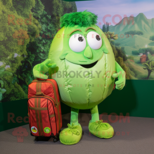 Lime Green Tomato mascot costume character dressed with a Polo Shirt and Backpacks