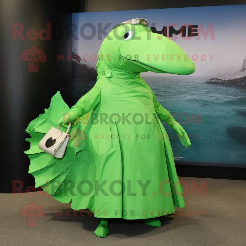 Lime Green Humpback Whale mascot costume character dressed with a Empire Waist Dress and Handbags