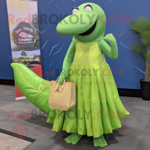 Lime Green Humpback Whale mascot costume character dressed with a Empire Waist Dress and Handbags