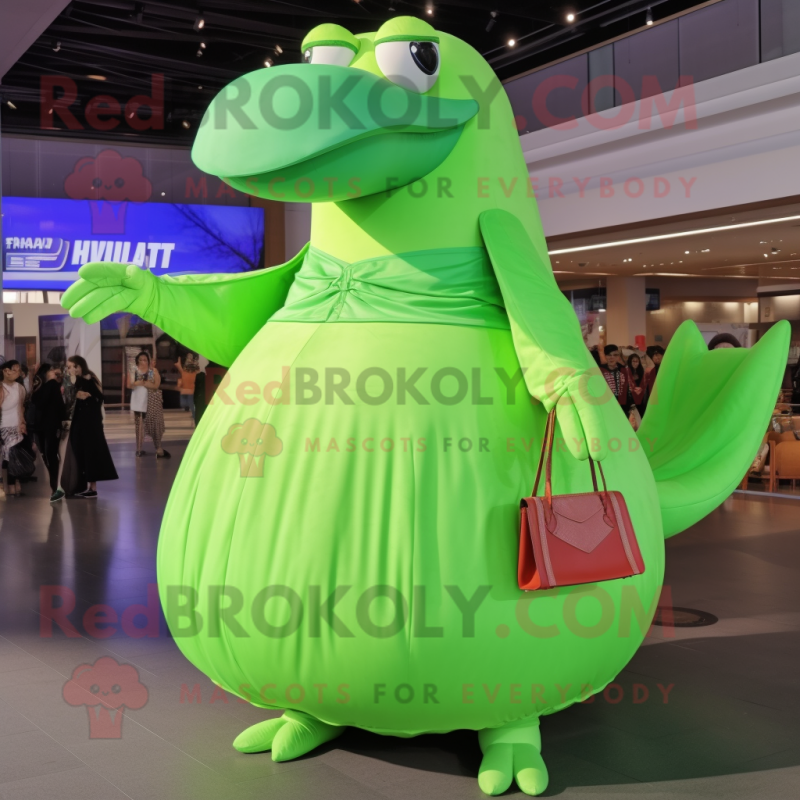 Lime Green Humpback Whale mascot costume character dressed with a Empire Waist Dress and Handbags