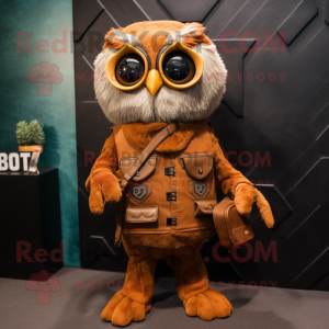 Rust Owl mascot costume character dressed with a Moto Jacket and Briefcases