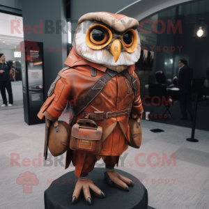 Rust Owl mascot costume character dressed with a Moto Jacket and Briefcases