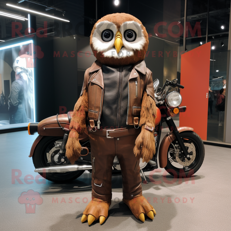 Rust Owl mascot costume character dressed with a Moto Jacket and Briefcases Rust Owl mascot costume character dressed with a Moto Jacket and Briefcases