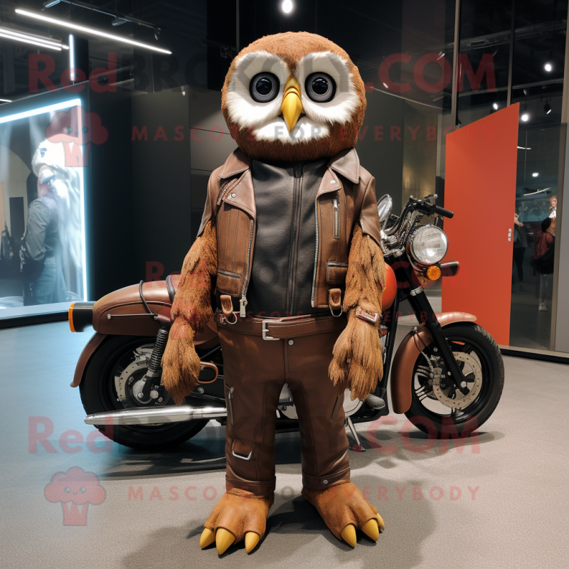 Rust Owl mascot costume character dressed with a Moto Jacket and Briefcases