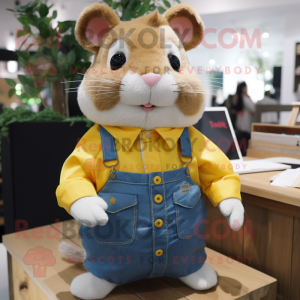 Yellow Hamster mascot costume character dressed with a Chambray Shirt and Brooches