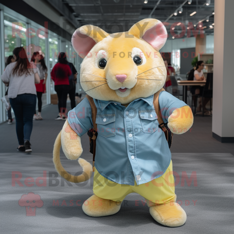 Yellow Hamster mascot costume character dressed with a Chambray Shirt and Brooches