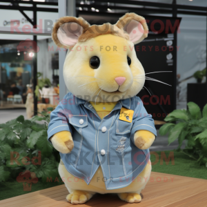 Yellow Hamster mascot costume character dressed with a Chambray Shirt and Brooches