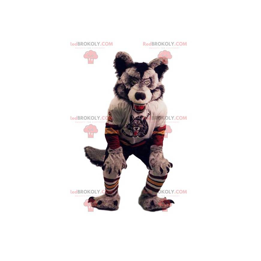 Fierce wolf mascot in a supporter jersey - Redbrokoly.com