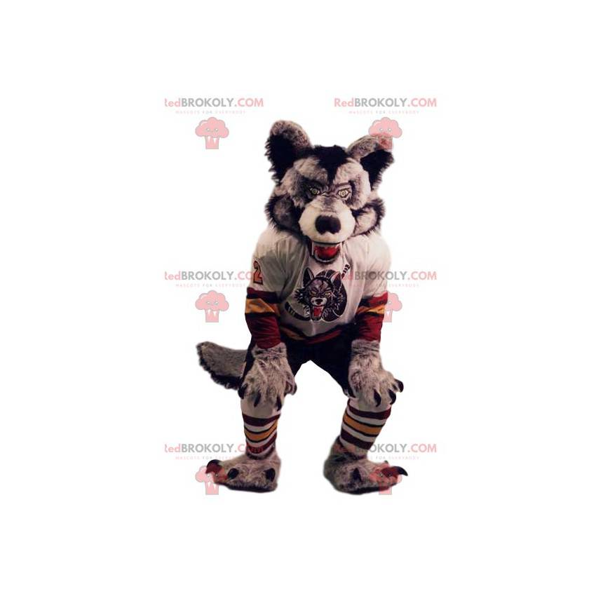 Mascotte de loup féroce en maillot de supporter - Redbrokoly.com