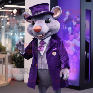 Purple Rat mascot costume character dressed with a Suit Jacket and Hat pins