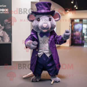 Purple Rat mascot costume character dressed with a Suit Jacket and Hat pins