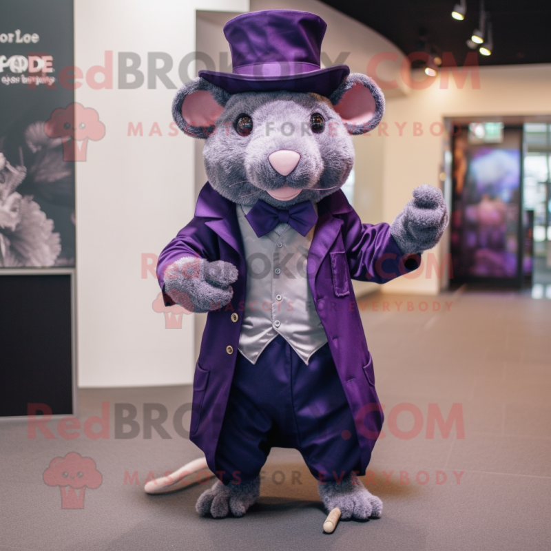 Purple Rat mascot costume character dressed with a Suit Jacket and Hat pins Purple Rat mascot costume character dressed with a Suit Jacket and Hat pins