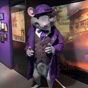 Purple Rat mascot costume character dressed with a Suit Jacket and Hat pins