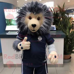 Navy Porcupine mascot costume character dressed with a Polo Shirt and Rings