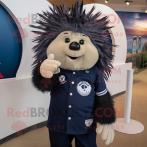 Navy Porcupine mascot costume character dressed with a Polo Shirt and Rings