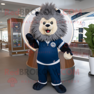 Navy Porcupine mascot costume character dressed with a Polo Shirt and Rings