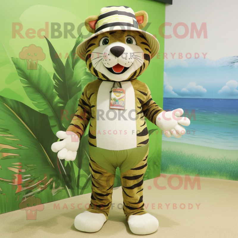 Olive Tiger mascot costume character dressed with a Swimwear and Hat pins