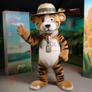 Olive Tiger mascot costume character dressed with a Swimwear and Hat pins