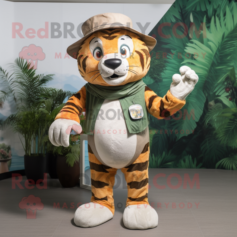 Olive Tiger mascot costume character dressed with a Swimwear and Hat pins