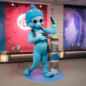 Cyan Sniper mascot costume character dressed with a Yoga Pants and Bracelets