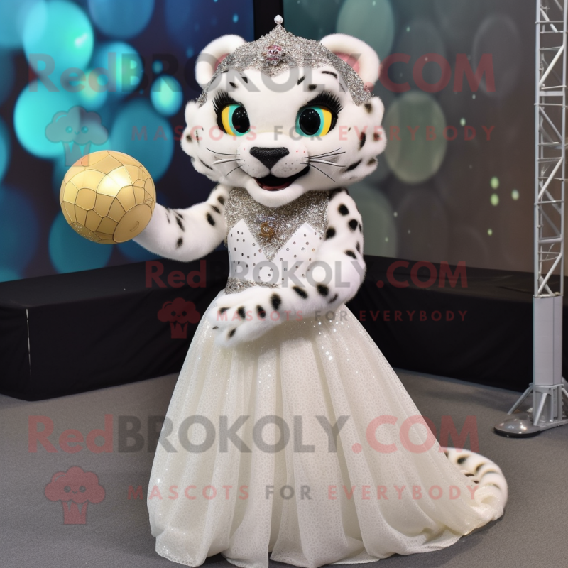 White Cheetah mascot costume character dressed with a Ball Gown and Bracelets White Cheetah mascot costume character dressed with a Ball Gown and Bracelets
