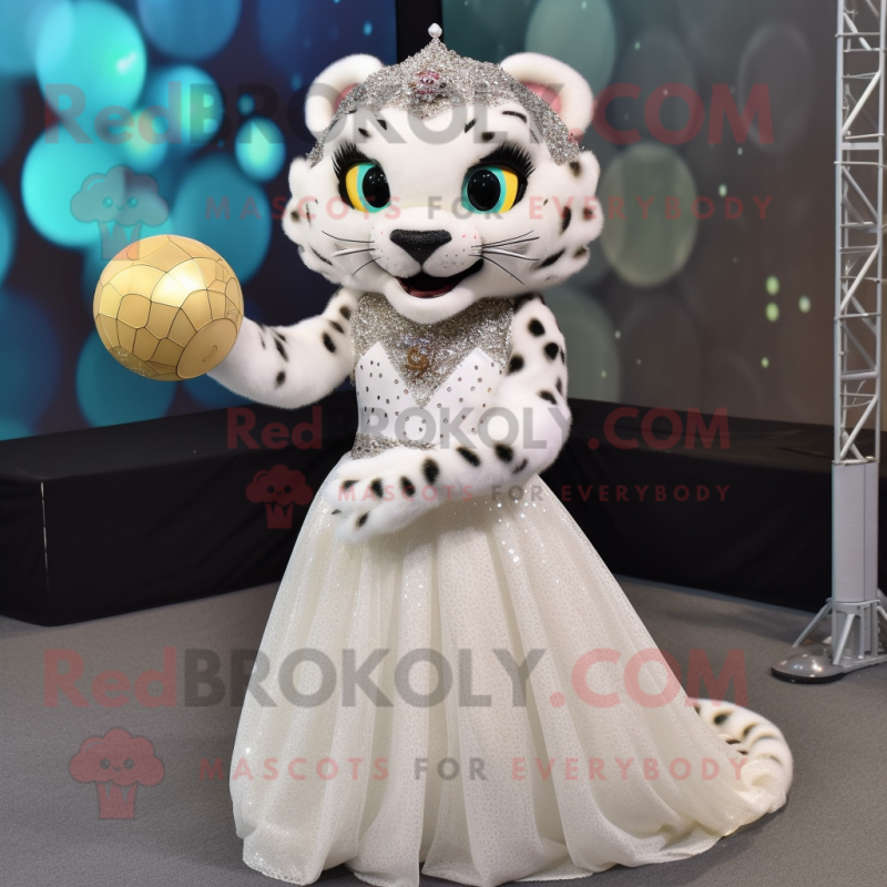 White Cheetah mascot costume character dressed with a Ball Gown and Bracelets