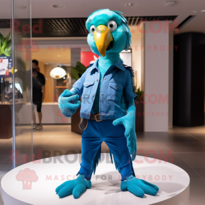 Cyan Parrot mascot costume character dressed with a Skinny Jeans and Lapel pins