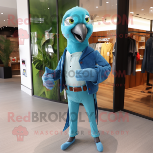 Cyan Parrot mascot costume character dressed with a Skinny Jeans and Lapel pins