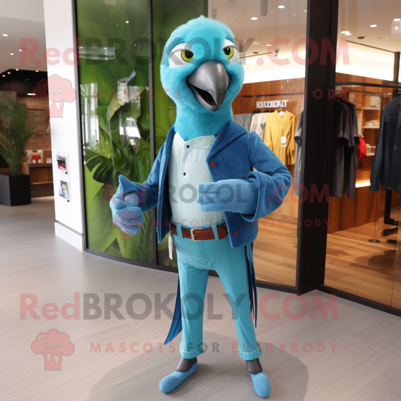 Cyan Parrot mascot costume character dressed with a Skinny Jeans and Lapel pins Cyan Parrot mascot costume character dressed with a Skinny Jeans and Lapel pins