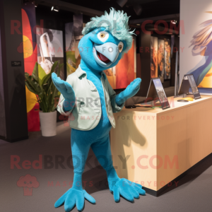 Cyan Parrot mascot costume character dressed with a Skinny Jeans and Lapel pins