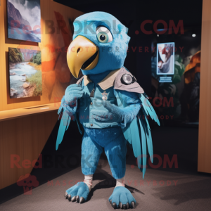 Cyan Parrot mascot costume character dressed with a Skinny Jeans and Lapel pins