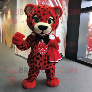 Red Leopard mascot costume character dressed with a Empire Waist Dress and Bow ties