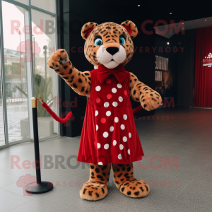 Red Leopard mascot costume character dressed with a Empire Waist Dress and Bow ties