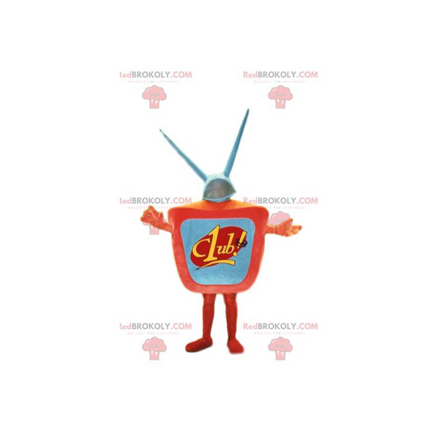 Orange Fernsehmaskottchen mit Antenne. TV-Kostüm - Orange Fernsehmaskottchen mit Antenne. TV-Kostüm -