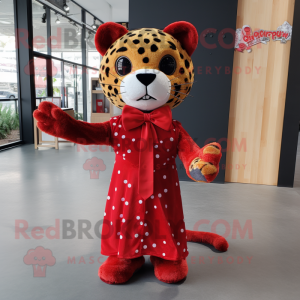 Red Leopard mascot costume character dressed with a Empire Waist Dress and Bow ties