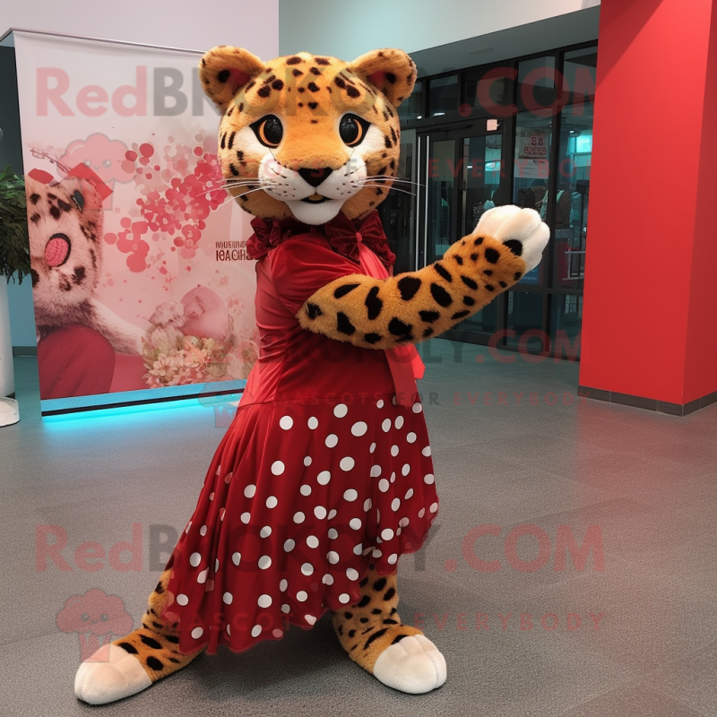 Red Leopard mascot costume character dressed with a Empire Waist Dress and Bow ties