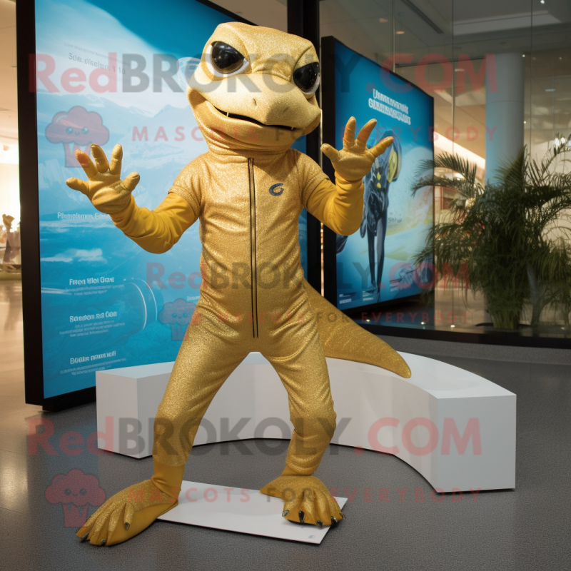 Gold Lizard mascot costume character dressed with a Long Sleeve Tee and Anklets Gold Lizard mascot costume character dressed with a Long Sleeve Tee and Anklets