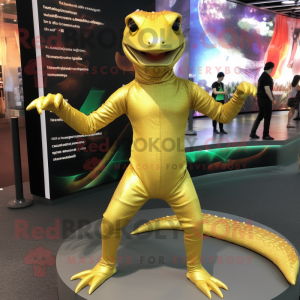 Gold Lizard mascot costume character dressed with a Long Sleeve Tee and Anklets