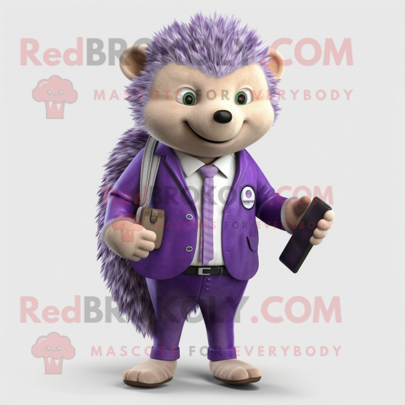 Lavender Hedgehog mascot costume character dressed with a Blazer and Belts